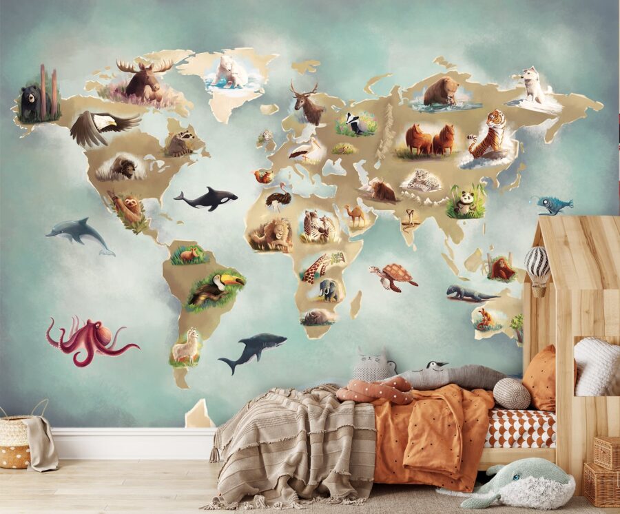 fototapeta dla dzieci - mapa świata ze zwierzętami - wizualizacja