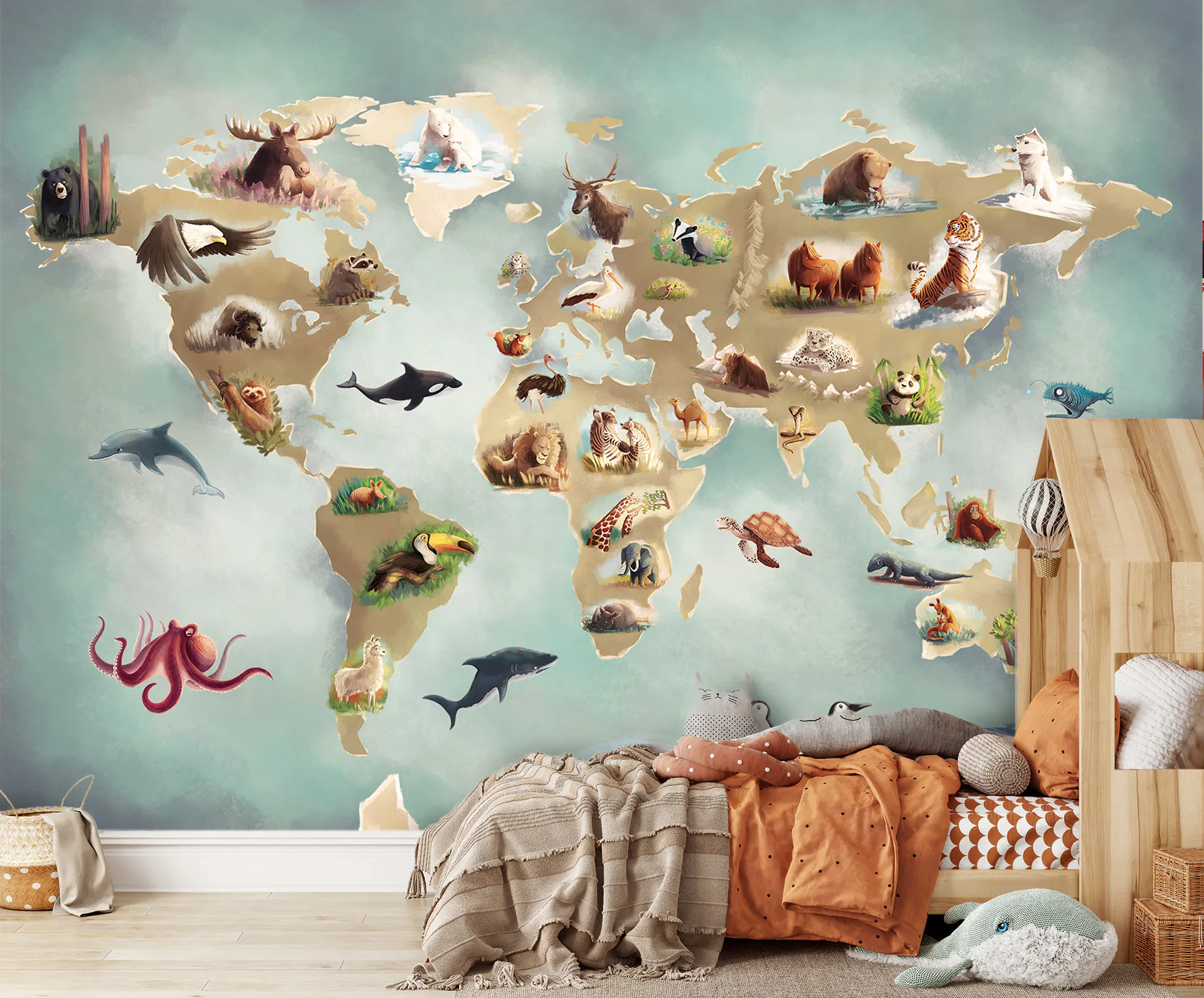 fototapeta dla dzieci - mapa świata ze zwierzętami - wizualizacja