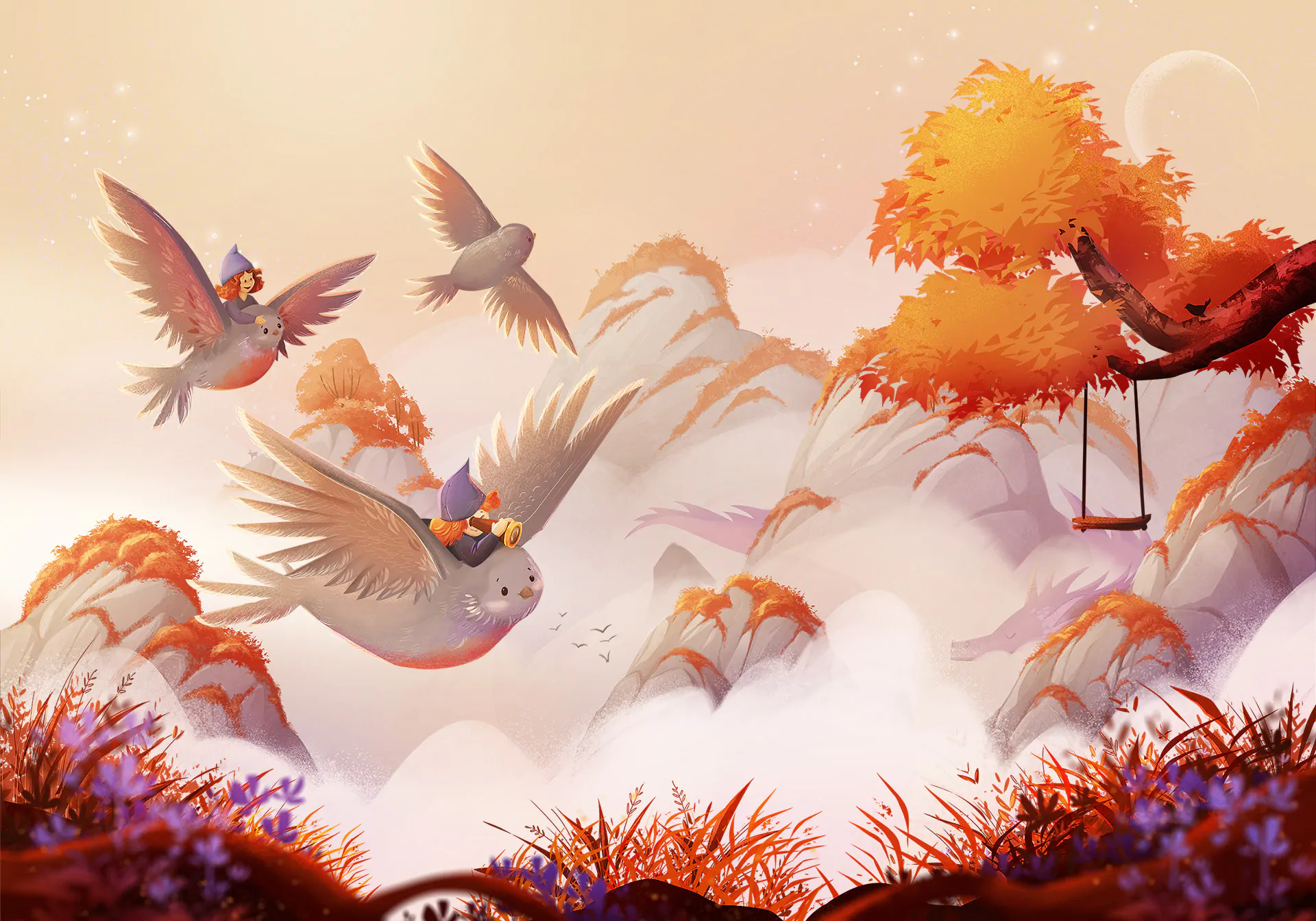 zwiedzam swiat - tapeta dziecięca - wariant z ptakami