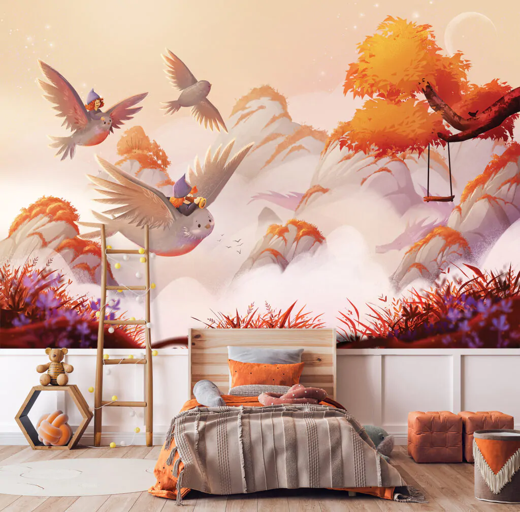 zwiedzam swiat - tapeta dziecięca - wizualizacja - wariant z ptakami