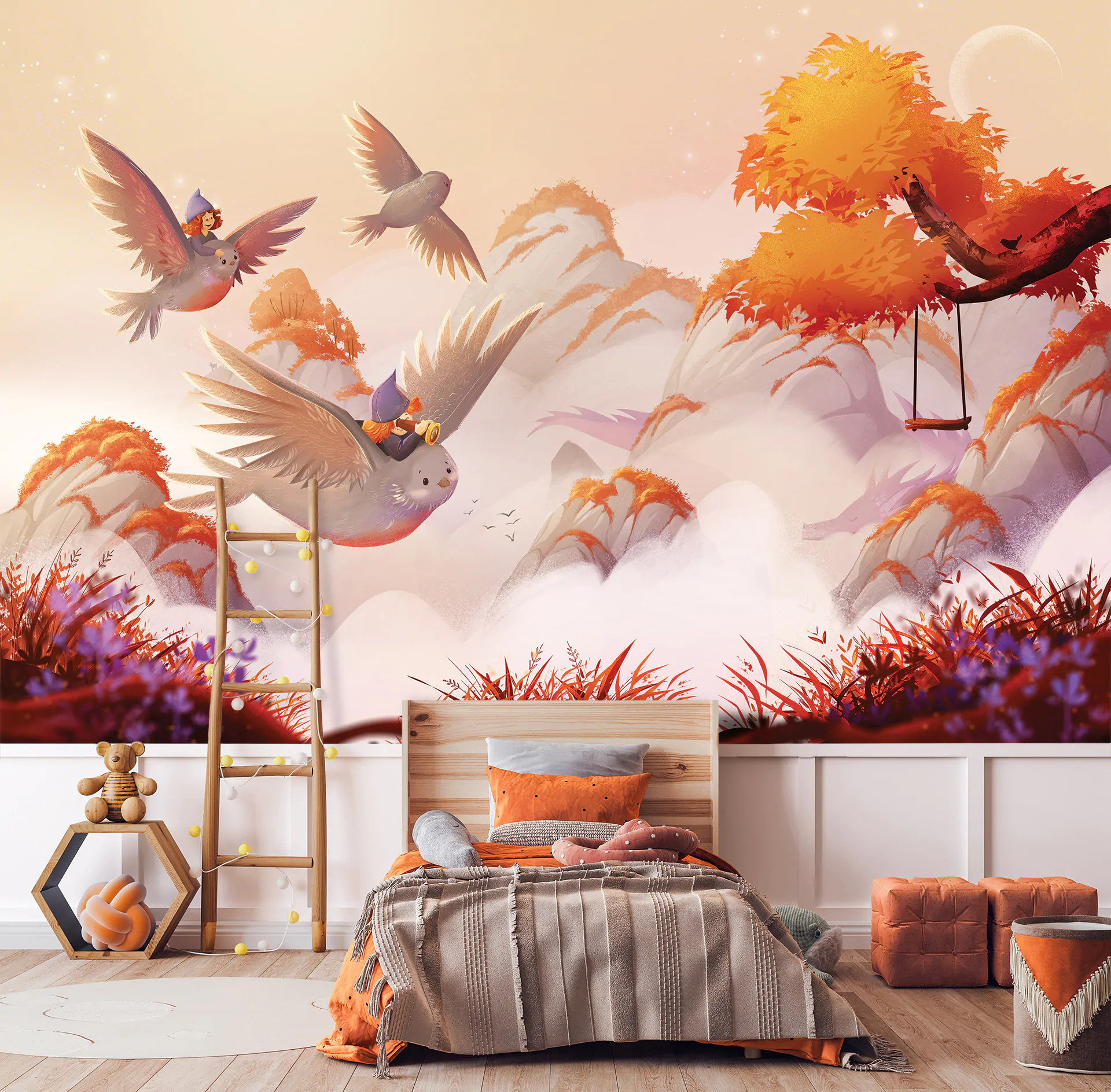 zwiedzam swiat - tapeta dziecięca - wizualizacja - wariant z ptakami